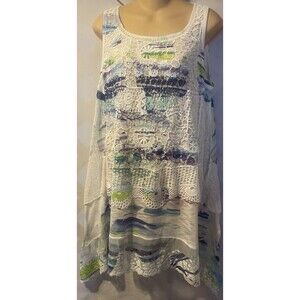 CUPIO Lace Overlay Embroidered Sequins Asymmetrical Hem Long Sleeveless Tunic S